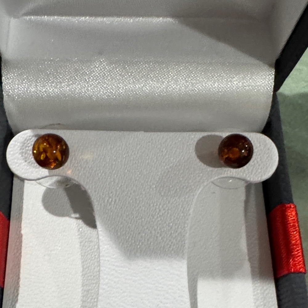 Amber Stud Earrings Push Back Sterling Silver